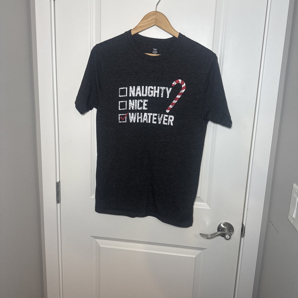 Holiday Time Christmas T Shirt‎ Men's Small Gray Short Sleeve Naughty Nice Funny